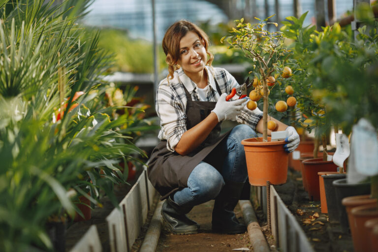 Woman in a apron working in a greenhouse